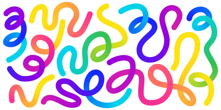 Colorful gradient organic line elements collection - flowing curved shapes in vibrant rainbow colors including pink, blue, yellow, green, purple, orange and cyan for modern abstract design background