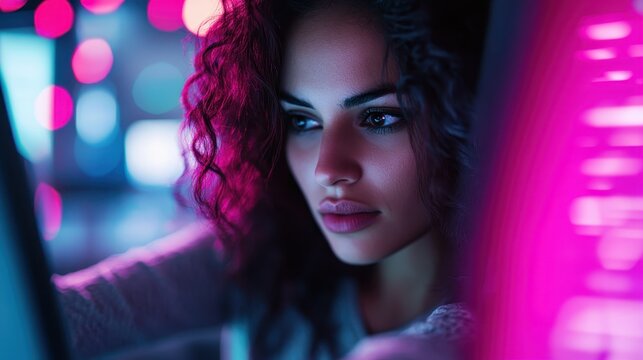 An evocative portrait of a woman illuminated by vibrant neon lights, reflecting deep emotions and the connection between technology and human experience.