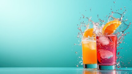 An exciting splash effect as two colorful drinks with ice and oranges erupt on a bright turquoise backdrop, symbolizing refreshment, joy, and vibrancy perfect for summer events.