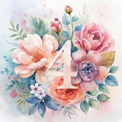 Fototapeta premium Elegant watercolor number four surrounded by beautiful flowers and delicate greenery for decoration and design