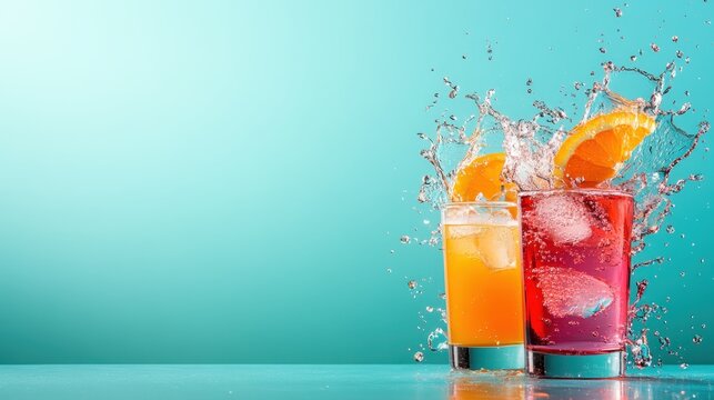 An exciting splash effect as two colorful drinks with ice and oranges erupt on a bright turquoise backdrop, symbolizing refreshment, joy, and vibrancy perfect for summer events.