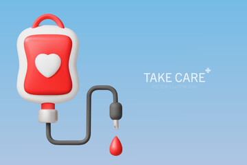 3D rendering of a transfusion bag on a blue background.