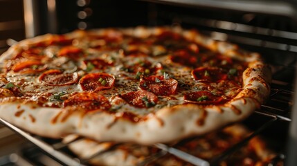 A mouthwatering pepperoni pizza being baked in an oven, showcasing melted cheese, crispy crust, and vibrant toppings that are sure to tantalize your taste buds and invite sharing.