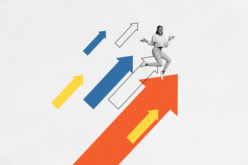 Trend artwork banner sketch 3D photo collage of young lady jump up success happy arrow show direction startup direction route target point