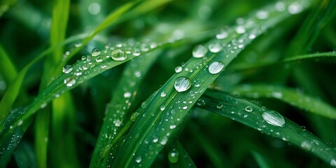 Naklejka premium Lush green field with raindrops on the leaves.
