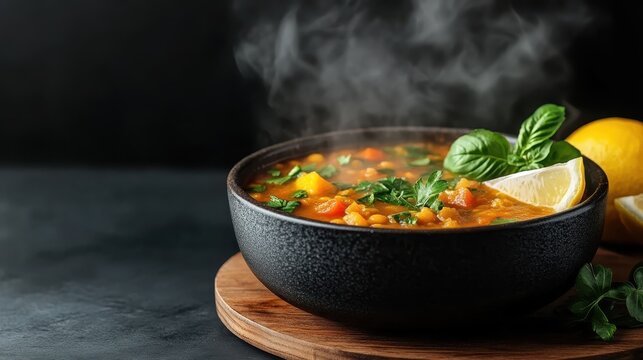 A hot bowl of hearty vegetable soup garnished with fresh herbs and a lemon wedge, exuding warmth and comfort, perfect for a nourishing meal on a cool day, inviting warmth and health.