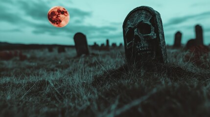 An eerie and atmospheric graveyard scene with a foreboding skull gravestone illuminated by a blood-red moon, evoking feelings of mystery and contemplation of mortality.