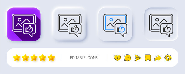 Like photo line icon. Neumorphic, Flat shadow, 3d buttons. Thumbs up sign. Positive feedback, social media symbol. Line like photo icon. Social media icons. Vector