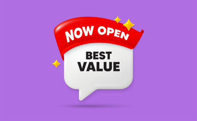 Best value chat speech bubble. Now open flag ribbon. Best value tag. Special offer Sale sign. Advertising Discounts symbol. 3d sparkle stars speech bubble. Vector