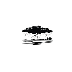 A dark thunderstorm rolling across open fields on white background