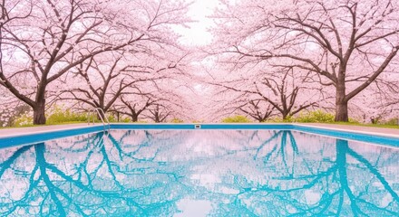 A serene pool reflecting cherry blossoms in full bloom on trees lining the water edge in springtime