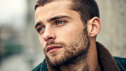 Obraz premium Close-up portrait of a serious young man with a confident expression looking at the camera