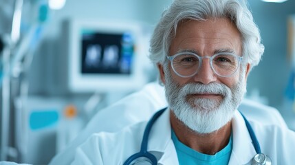 A cheerful elderly doctor with gray hair and glasses smiles warmly, showcasing the compassion and dedication of medical professionals in a brightly lit healthcare environment.