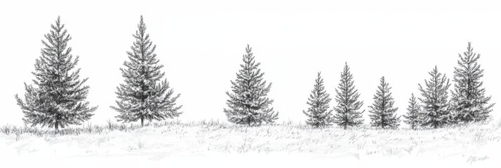 Obraz premium Christmas Illustration Single Line. Continuous Line Drawing of Young Spruce Trees in Field Landscape
