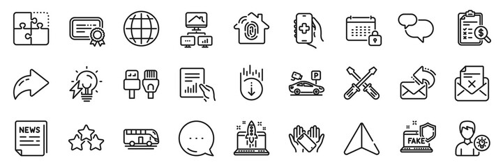 Computer cables, Bus tour and Start business line icons pack. Share, Message, Paper plane icons. Accounting report, Work home, Health app web icon. Vector