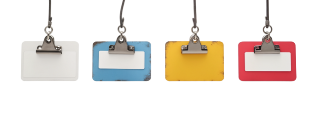 A set of four different colored name tags hanging from a metal clip.