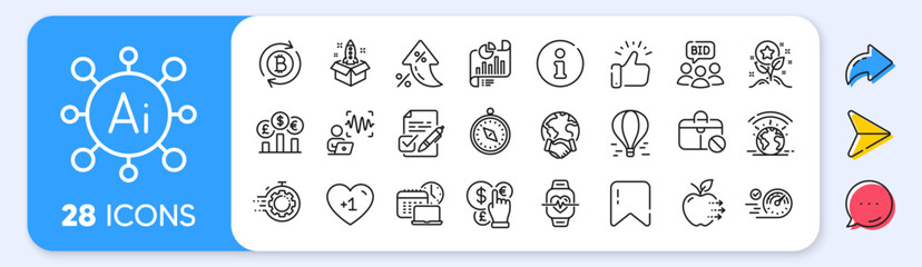 Global business, Info and Seo timer line icons. Interest rate, AI generate, Inflation icons. Pack of Voice wave, Air balloon, Money currency icon. Vector
