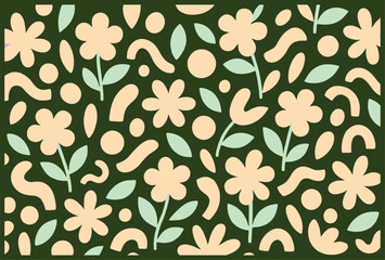 Retro Spring Floral Pattern Green & Peach Abstract Flower Design