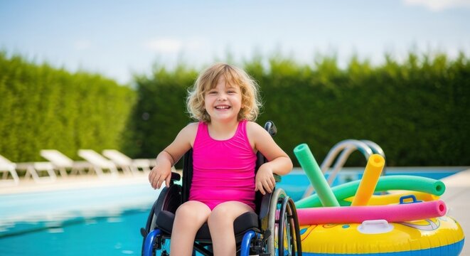 A smiling girl in a wheelchair by a pool with pool noodles and an inflatable floatation device nearby
