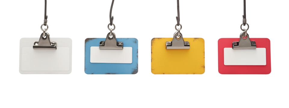 A set of four different colored name tags hanging from a metal clip.