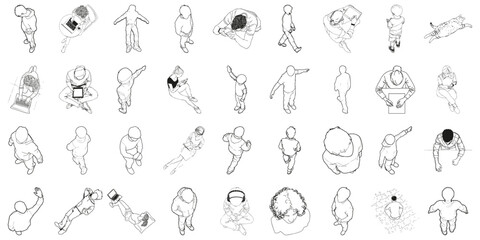 People Outlines In Various Activities From Top View. Men, Women, And Children In Daily Actions With Gadgets And Sitting. Isometric View. Isolated Vector Illustration