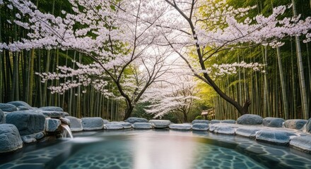 Scenic onsen with cherry blossoms and bamboo forest offering tranquility and natural beauty view spot