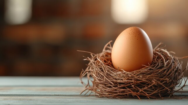 A brown egg placed gently in a nest of twigs, symbolizing new beginnings and the fragility of life, presenting a serene and minimalist composition focused on nature’s beauty.