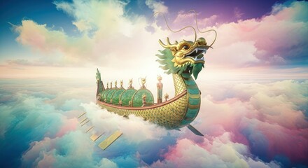 A dragon boat with a golden dragon head sailing through a colorful and cloudy sky fantasy scene art
