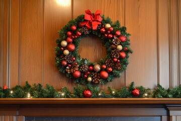 Christmas Mantle. Traditional Christmas Wreath on Wood Mantle Background