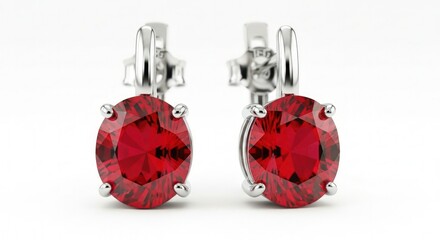 A pair of silver earrings with large oval shaped red gemstones on a white background in a studio shot