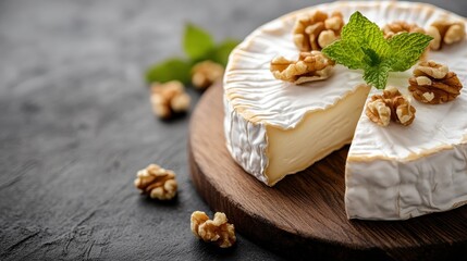 A beautifully presented round brie cheese adorned with walnuts and a mint leaf, showcasing gourmet elegance ideal for a sophisticated cheese platter or culinary showcase.
