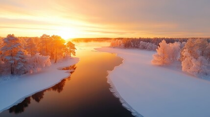 A breathtaking sunset casts warm hues over a serene frozen river, surrounded by snow-covered trees in a tranquil winter landscape, symbolizing peace and nature's beauty.