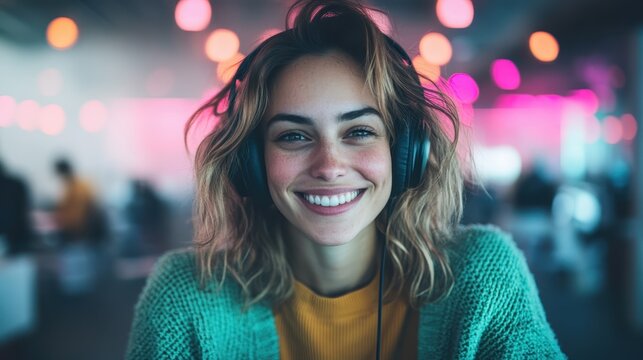 A vibrant image of a young woman wearing headphones, radiating joy and excitement, set against a colorful background that conveys a sense of fun and modern lifestyle.