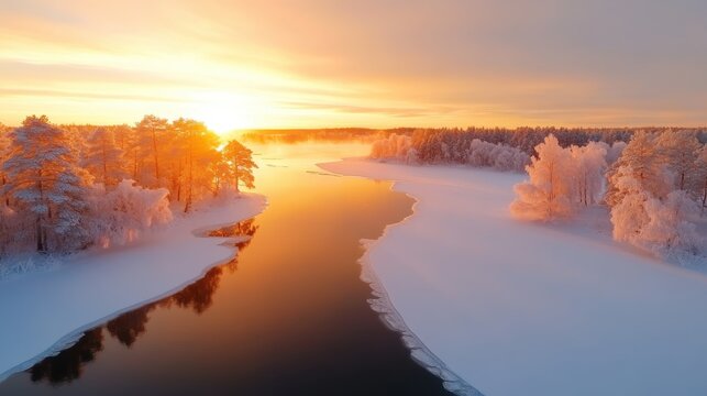 A breathtaking sunset casts warm hues over a serene frozen river, surrounded by snow-covered trees in a tranquil winter landscape, symbolizing peace and nature's beauty. - Powered by Adobe