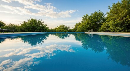 Serene swimming pool reflecting the sky with clouds and trees surrounding the tranquil outdoor space area