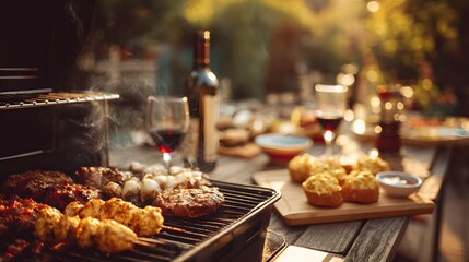 Fototapeta premium Enjoy a summer barbecue with delicious grilled food, wine, and good company.