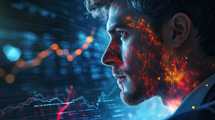 Close-up profile of a man with abstract data overlay