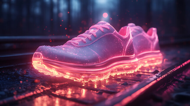 Glowing Neon Running Shoes on Train Tracks at Night - Powered by Adobe