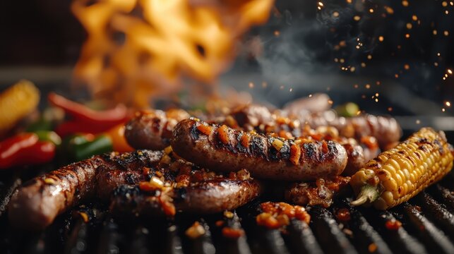 An appetizing close-up of grilled sausages and corn, highlighted by flames, brings to life the excitement of outdoor cooking and a vibrant culinary experience. - Powered by Adobe