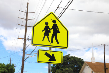 School Crosswalk Ahead Traffic Sign in a Road 