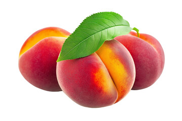 Fresh peaches with green leaves isolated on a white or transparent background — perfect for food, healthy lifestyle, summer, organic, and natural designs.