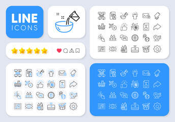 Quote bubble, Brush and Musical note line icons for web app. Message, Share, Like social media icons. Pack of Qr code, Approved document, Stress grows pictogram icons. Vector
