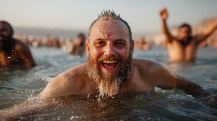 A bearded man swims joyfully in a clear, shimmering water, embodying happiness and freedom, captured during a vibrant celebration of life and connection with nature.