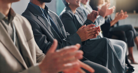 Business people, meeting and row with applause for presentation, thank you or well done at seminar....