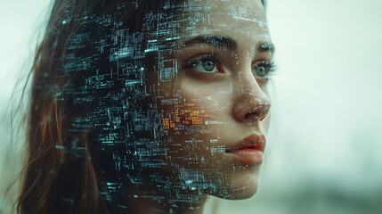 Woman's Face Overlaid with Futuristic Digital Data Stream - AI, Technology, and the Future of