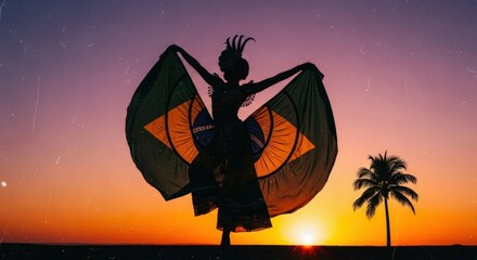 Silhouette of a woman holding the brazilian flag against a vibrant sunset with a palm tree nearby