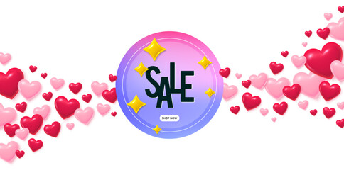 Sale banner love banner with 3d hearts. Flying hearts background. Sale banner with 3d stars. Discount offer label. Coupon badge icon. Valentines day greeting card. Vector