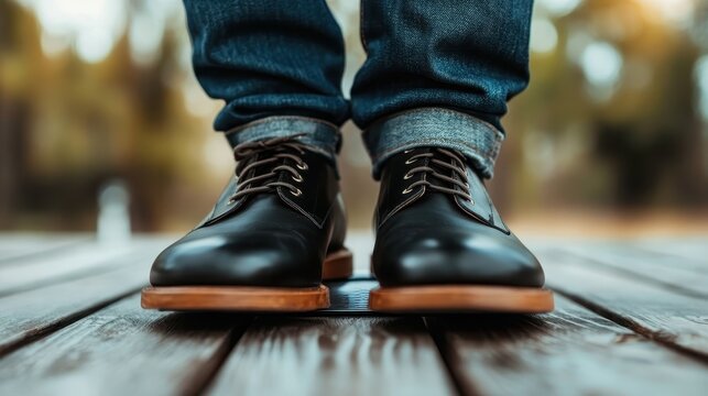 A stylish shot focusing on black leather shoes against a rustic wooden deck background, emphasizing fashion and elegance with an outdoor, natural appeal. - Powered by Adobe