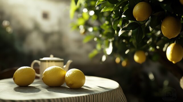 A vibrant display of fresh lemons on a striped tablecloth, set against a background of lush green lemon tree foliage, evoking a sense of freshness and nature.
