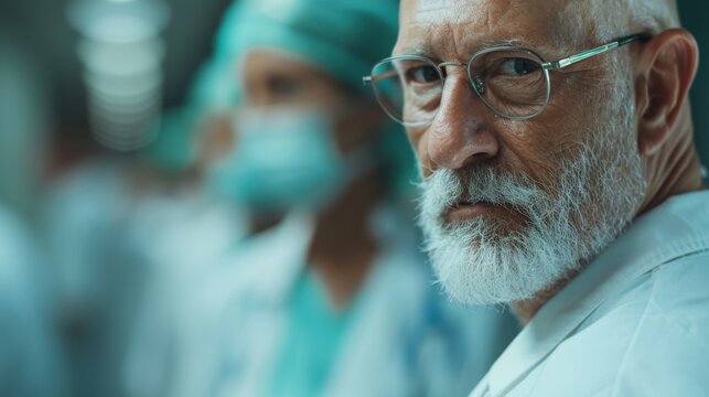 An intense portrait of a senior male doctor with glasses in a hospital corridor, encapsulating the dedication and seriousness often found in the medical profession's environment.